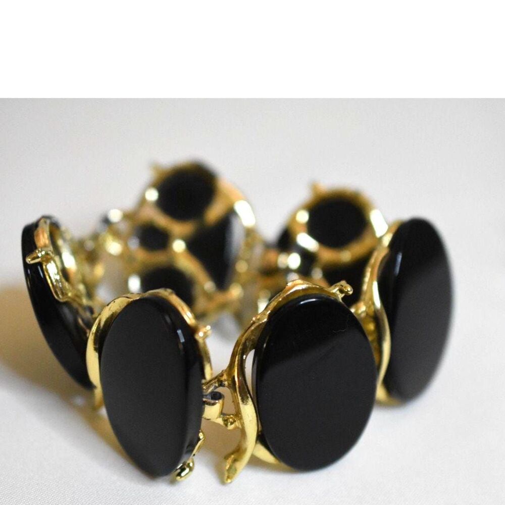 Vtg 40s Boho Statement Black Oval Onyx Stone Set in Gold Tone Metal 7" Bracelet